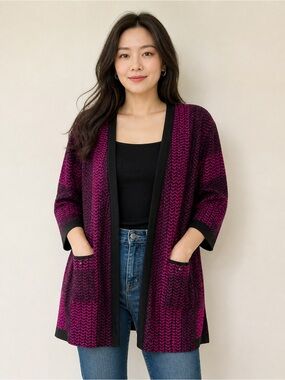 Ming Wang Open-Front Magenta and Black Knit Cardigan Sweater 2X